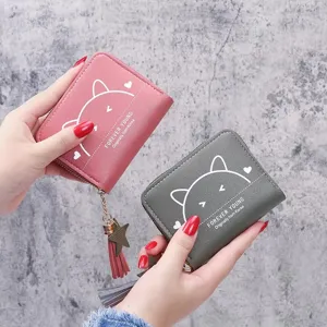 Cute cat print short women wallet with zipper and tassel charm for daily use and cards