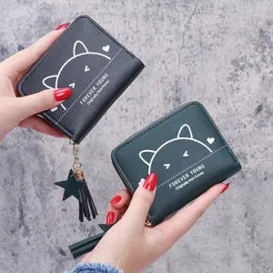 Cute cat print short zipper coin purse with star tassel, classic design daily wallet accessory.