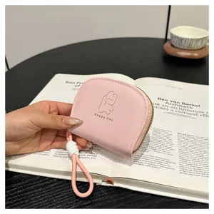 Pink cute rabbit coin purse card holder with lanyard minimalist style daily portable wallet