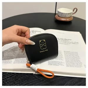 Cute black small coin purse with cute bear print and orange lanyard for women and girls daily use.