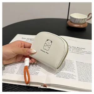 Mini PU leather zipper card holder wallet with cute bear print and orange strap for daily use.