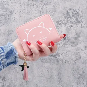 Women Short Wallet Cute Cartoon Cat Printed PVC Zipper Coin Purse Minimalist Fresh Style Bifold Card Holder Wallet With Tassel
