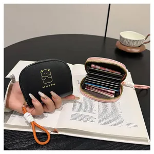 Cute accordion card holder wallet for women with lanyard, large capacity card slots organizer.