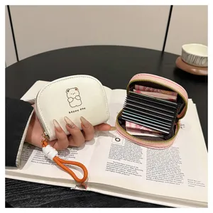Cute cartoon bear accordion card holder wallet with lanyard, multi-slot pink and white coin purse.