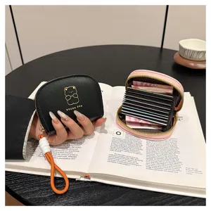 Cute accordion card holder multi-slot zipper wallet with wrist strap dopamine aesthetic.
