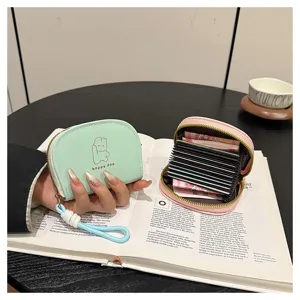 Cute accordion card holder and wallet with lanyard, multi-slot compact PU leather purse.