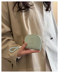 Cute Korean style card holder wallet with lanyard, pastel green PU leather, portable coin purse.