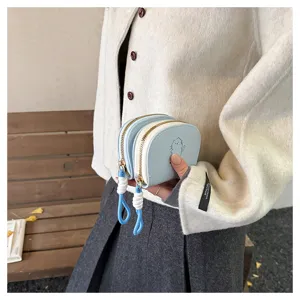 Cute Korean style double zipper accordion card holder wallet with lanyard dopamine color for women