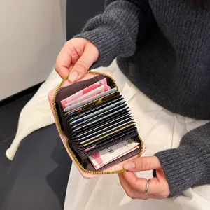 Kompakte rosa Akkordeon-Kartenbrieftasche mit Reißverschluss und vielen Fächern für Karten.