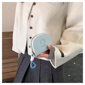 Cute light blue mini wallet card holder with cartoon cat print and braided lanyard daily use