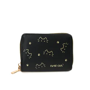 Schwarze PU-Leder Mini-Kartenetui Geldbörse mit Katzen-Print Reißverschluss und Gold.