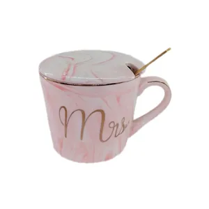 Rosa Marmor Keramik Tasse mit Deckel und Löffel, elegante Kaffeetasse für Büro und Zuhause.