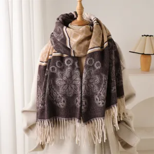 Autumn winter imitation cashmere tassel scarf, brown geometric floral warm fashion neck wrap.