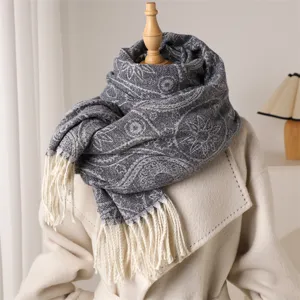 Grey paisley pattern tassel scarf, imitation cashmere winter warm shawl for men and women.