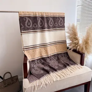 Autumn winter imitation cashmere shawl scarf with vintage paisley geometric pattern and tassel.