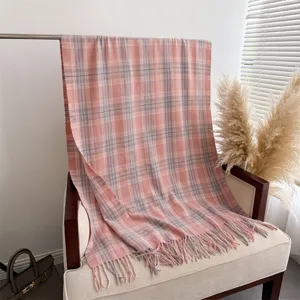 Cozy pink plaid fringe scarf, soft autumn and winter shawl, elegant daily warm neck wrap.