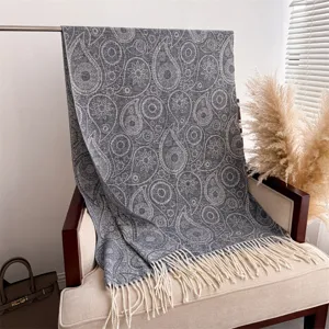 Grey paisley pattern cashmere feel tassel scarf winter warm shawl fashion neck wrap accessory