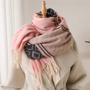 Pink beige grid cashmere feel tassel scarf, cozy autumn winter commuter warm neck wrap style.