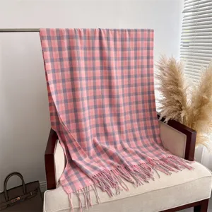 Retro plaid cashmere-feel scarf detailed shot, cozy winter warm shawl with elegant fringe.