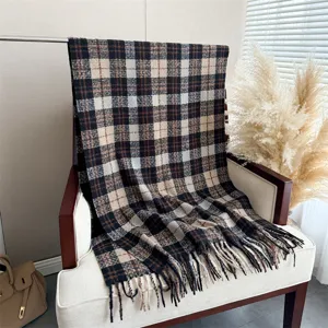 Cozy plaid tassel scarf in soft loop yarn, perfect autumn winter warmth and stylish daily wear.