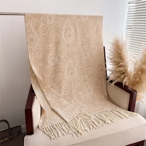 Beige paisley pattern imitation cashmere shawl scarf with fringes, warm and elegant.