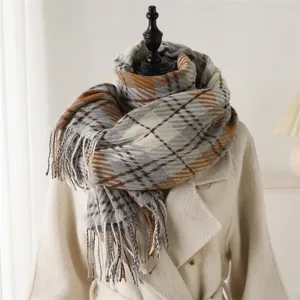 Korean style imitation cashmere plaid scarf with fringe for women and men warm winter daily wear.