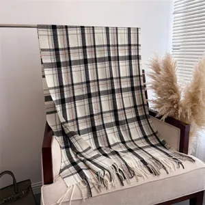 Classic plaid imitation cashmere scarf detail, warm fringed shawl for winter commuting.