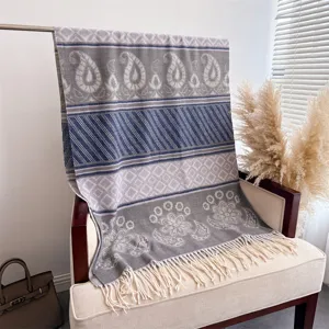 Fall winter imitation cashmere shawl scarf with stylish fringe and classic paisley pattern.