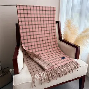 Pink brown plaid cashmere feel scarf winter warm fashion tassel fringe shawl for women