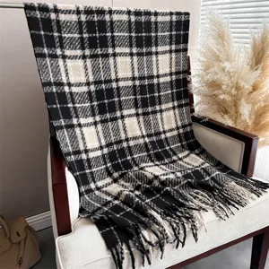 Black white plaid faux cashmere scarf detail, cozy winter tassel shawl for cold weather.