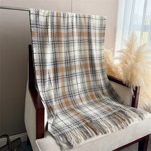 Cozy faux cashmere plaid tassel scarf detail, perfect autumn and winter warm accessory.