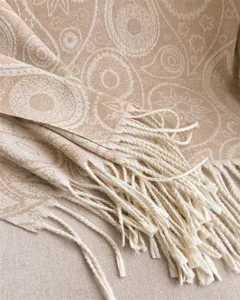 Close-up detail of winter cashmere feel paisley scarf with soft tassel fringe and warm tone.