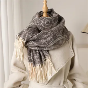 Winter paisley cashmere feel fringe scarf detail shot, warm and stylish unisex winter shawl accessory.