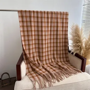 Cozy plaid imitation cashmere scarf with chic fringe for women and men autumn winter warm fashion.