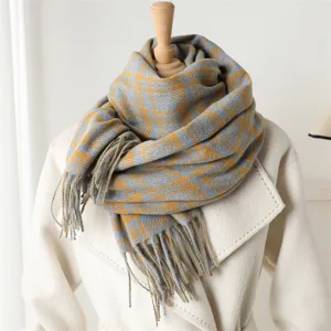 Grey and yellow plaid cashmere feel tassel scarf for autumn and winter daily commute styling.