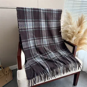 Cozy plaid loop yarn faux cashmere scarf shawl with fringe for autumn and winter warmth.