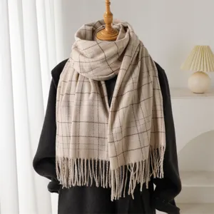 Écharpe à Franges à Carreaux Chaude d'Hiver Unisexe Style Cachemire Classique Tartan Casual Mode D'affaires Châle Long