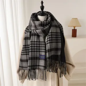 Classic grey plaid cashmere-feel tassel scarf for winter warmth and daily commute style.