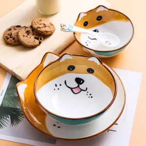 Leuke Cartoon Hond Keramisch Servies Kom Bord Lepel Creatief Handgeschilderd Onderglazuur Tafelgerei Cadeau Voor Kinderen Thuis