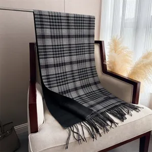 Classic grey plaid cashmere-feel winter scarf with elegant fringe, cozy unisex warm shawl.