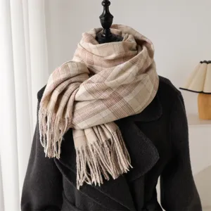 Cozy plaid cashmere-feel tassel scarf detail, chic winter warm neckerchief for daily wear.