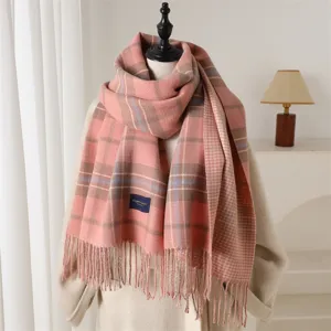 Cozy pink plaid tassel cashmere-feel scarf winter warm fashion neck wrap accessory detail.