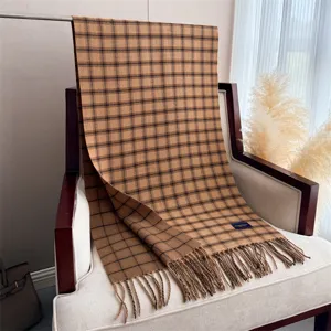 Cozy plaid cashmere-feel tassel scarf for autumn and winter, warm and stylish winter neck wrap.