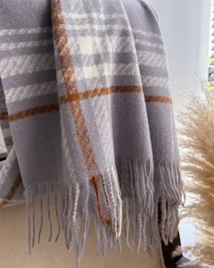 Autumn winter faux cashmere plaid scarf with fringe, soft warm purple tartan winter shawl for daily wear.