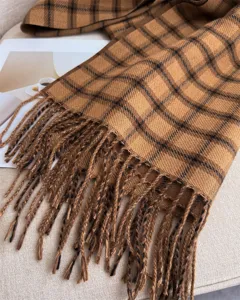 Classic plaid tassel scarf for autumn and winter, soft cashmere feel, cozy warm neck wrap.