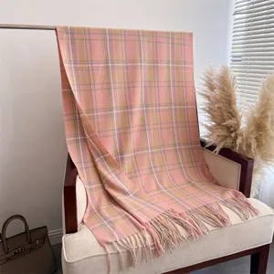 Pink plaid cashmere-feel fringed scarf, stylish autumn winter warm couple shawl accessory.