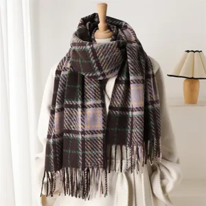 Detail view of the cozy plaid tassel scarf, winter warm cashmere-feel wrap for daily use.