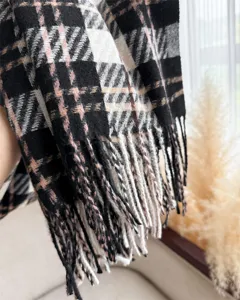 Cosy imitation cashmere plaid scarf for autumn and winter, warm tassel shawl neck warmer.