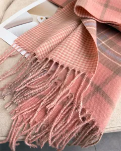 Cozy pink plaid fringe scarf for autumn and winter, soft imitation cashmere shawl for daily wear.