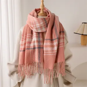 Cozy pink plaid fringe scarf detail, warm imitation cashmere shawl for autumn and winter daily wear.